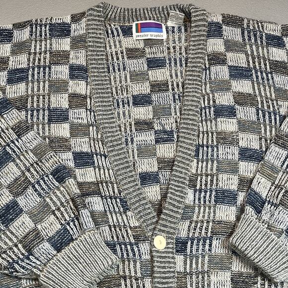 Vtg Boxy Cardigan Eclectic Grandpa Sz Med Knit Pullover 80s 90s Sweater Graphix - Picture 4 of 9